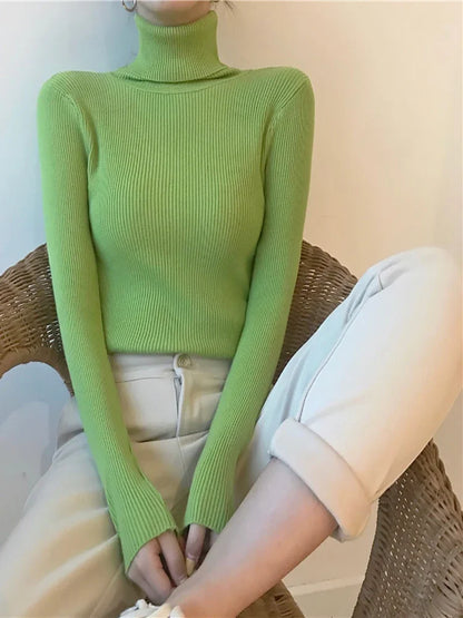 2026 Autumn Winter Sweater Women Knitted Ribbed Pullover Sweater Long Sleeve Turtleneck Slim Jumper Soft Warm Pull Femme