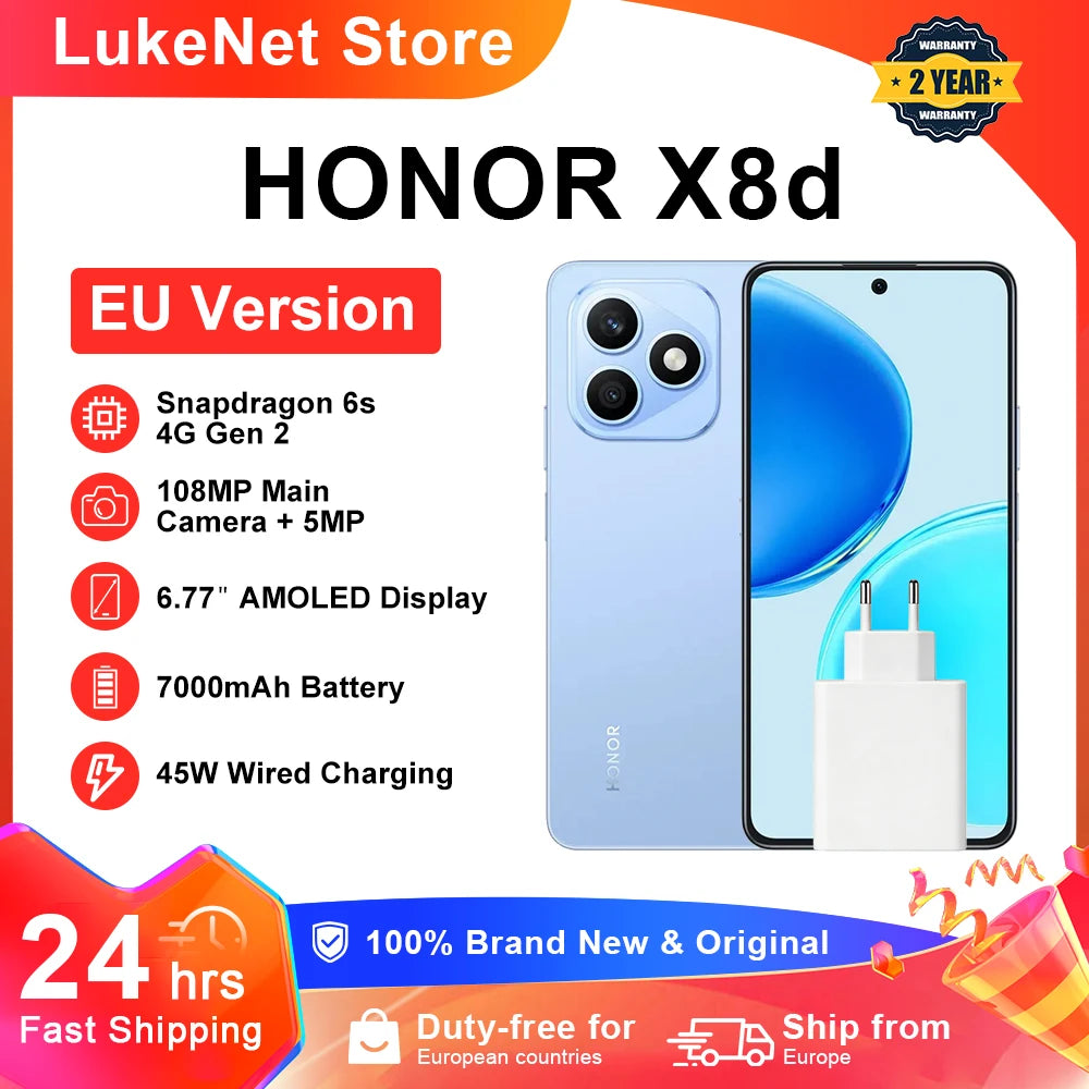 HONOR X8d EU version smartphoneSnapdragon 6s 4G Gen 2  6.77" AMOLED 7000mAh battery 45W super fast charging 108MP high-definition main camera IP65