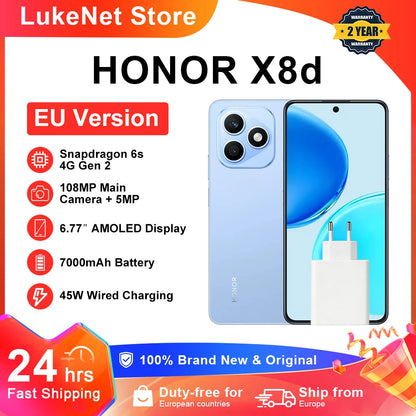 HONOR X8d EU version smartphoneSnapdragon 6s 4G Gen 2  6.77" AMOLED 7000mAh battery 45W super fast charging 108MP high-definition main camera IP65