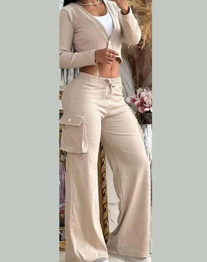 Autumn Fashionable And Elegant Solid Color Women's Suit Long-sleeved V-neck Short Coat Pocket Wide-leg Drawstring Trousers Suit