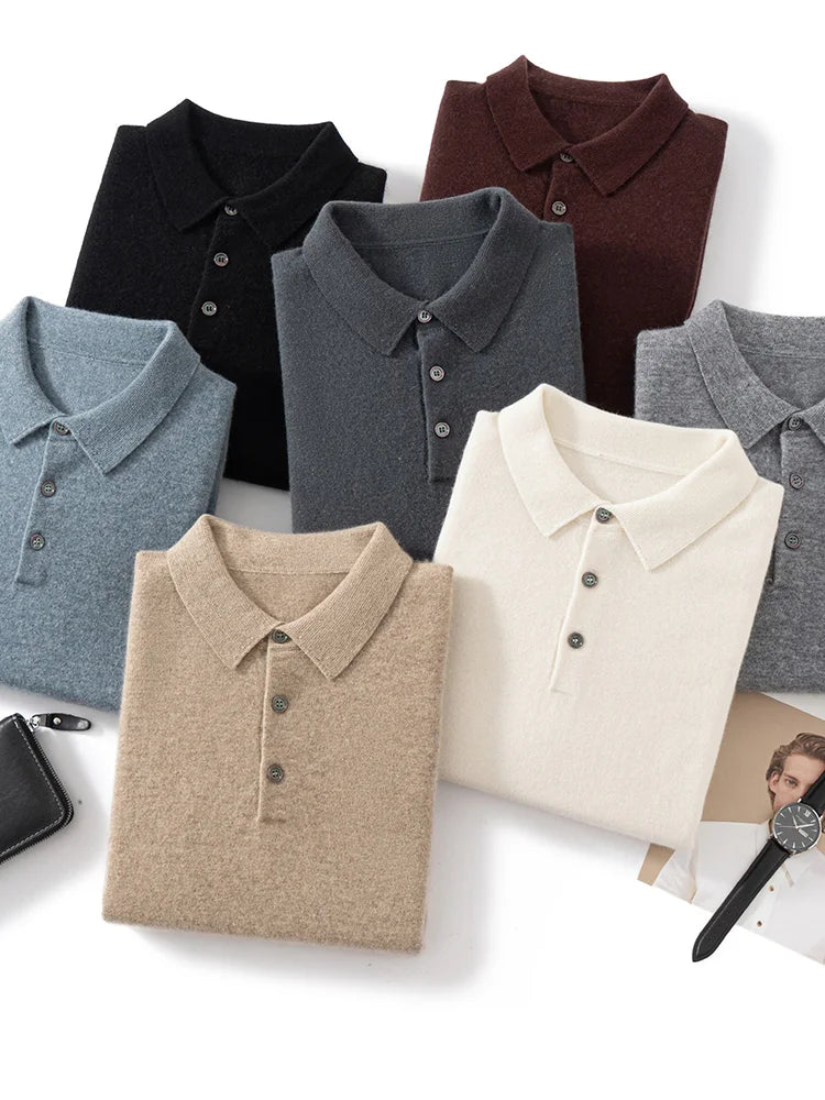 ANGEL 2024 Men's New POLO Shirt 100% Cashmere Knitted Pullover Solid Color Sweater Fall Winter Casual Business Office Jacket