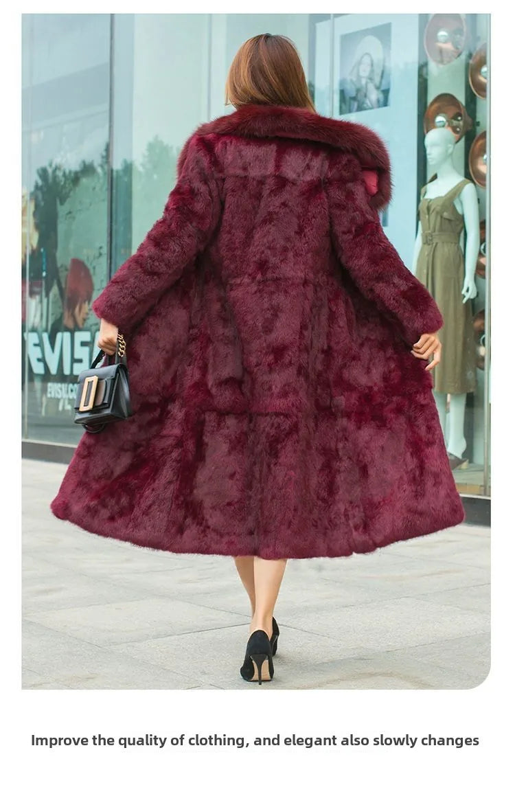 Real Rex Rabbit Fur Coat Women Autumn Winter Long Jacket Thick Warm New Fashion Fox Fur Collar Elegant Female Warm Outerwear