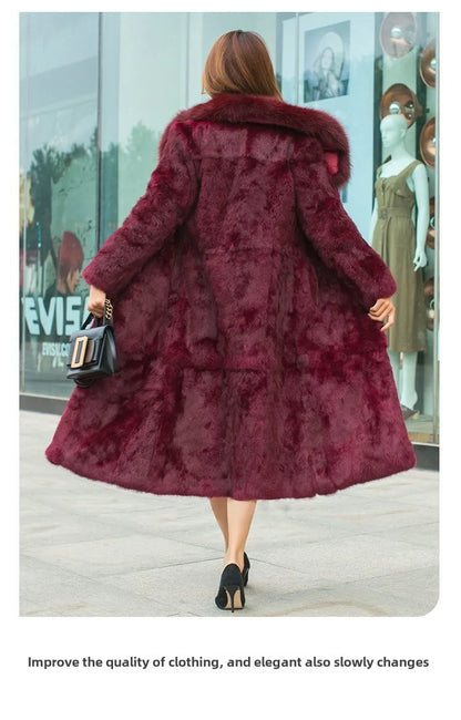 Real Rex Rabbit Fur Coat Women Autumn Winter Long Jacket Thick Warm New Fashion Fox Fur Collar Elegant Female Warm Outerwear