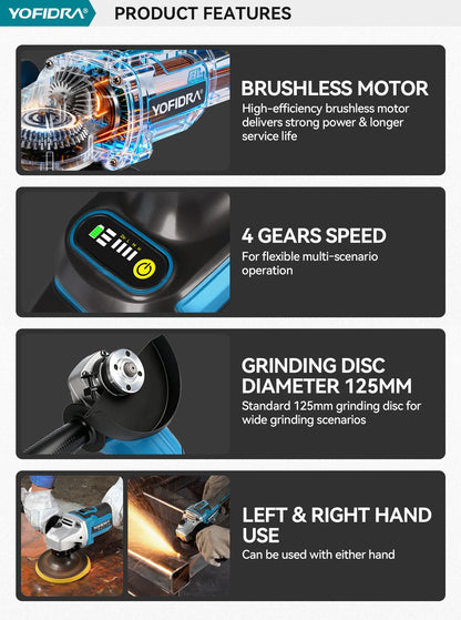 YOFIDRA 125mm 4 Gears Brushless Electric Angle Grinder Metal Wood Grinding Polishing Cutting Power Tool For Makita Battery Pin