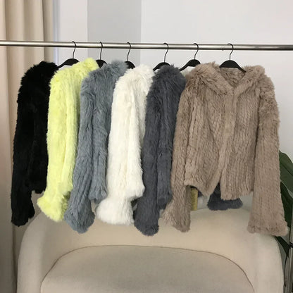 2024 Short Rabbit Fur Coat for Women Autumn Winter New Encrypted Thickened Handmade Double-sided Woven Hooded Korean Style