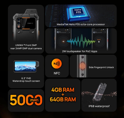 UNIWA W888 ATEX Explosion-proof IP68 Smartphone 4GB 64GB Andriod 11 6.3 Inch NFC Cellphone Walkie Talkie 4G Mobile Phone