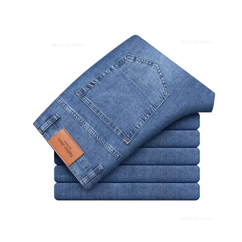 Summer Elastic Men's Jeans Fashion Gray Comfortable Business Straight Stretch Cotton Casual Denim Pants Brand Male Thin Trousers
