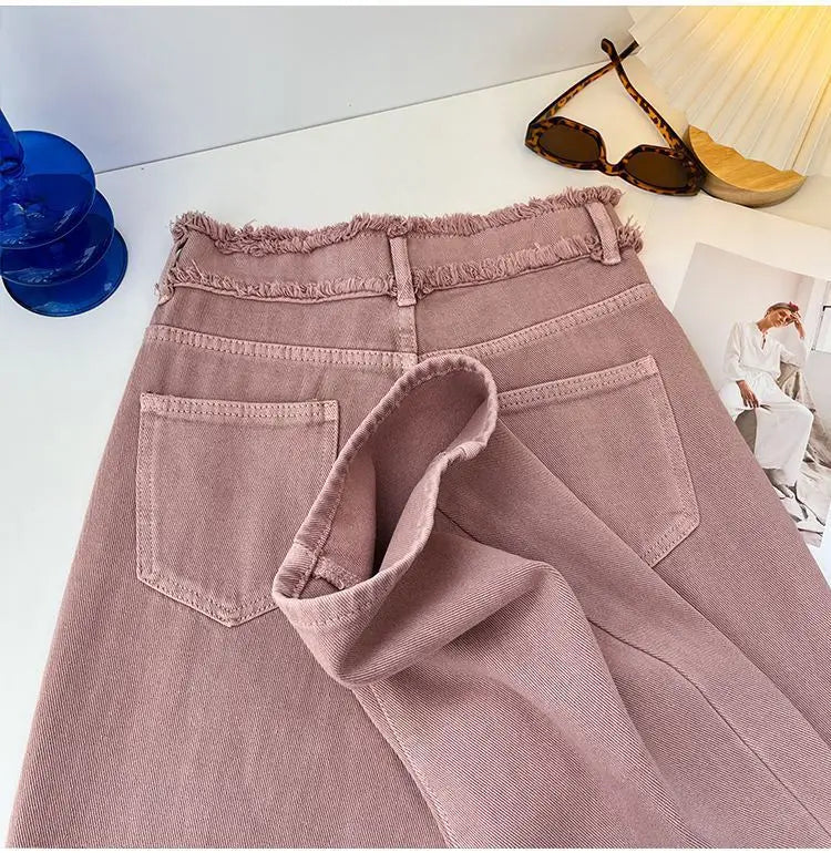 Korean Style Pink Jeans Women Spring Autumn High Waist Raw Edge Straight Denim Pants Simple Gentle All-matched Wide Leg Pants