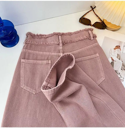 Korean Style Pink Jeans Women Spring Autumn High Waist Raw Edge Straight Denim Pants Simple Gentle All-matched Wide Leg Pants