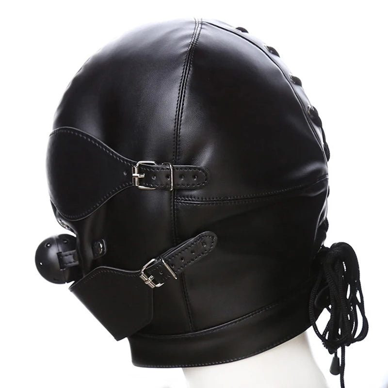 Bondage BDSM Sex Mask Fetish Hood With Gags Leather  Deprivation Hood Adult Slave Games Full Head Sex Toys for Women Men Gay