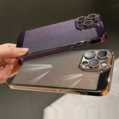 Luxury Plating Hollowed Out Case for iPhone 17 Pro 16 15 14 Pro Max Plus 13 12 Mini 11 17Air Heat Dissipation Shockproof Cover