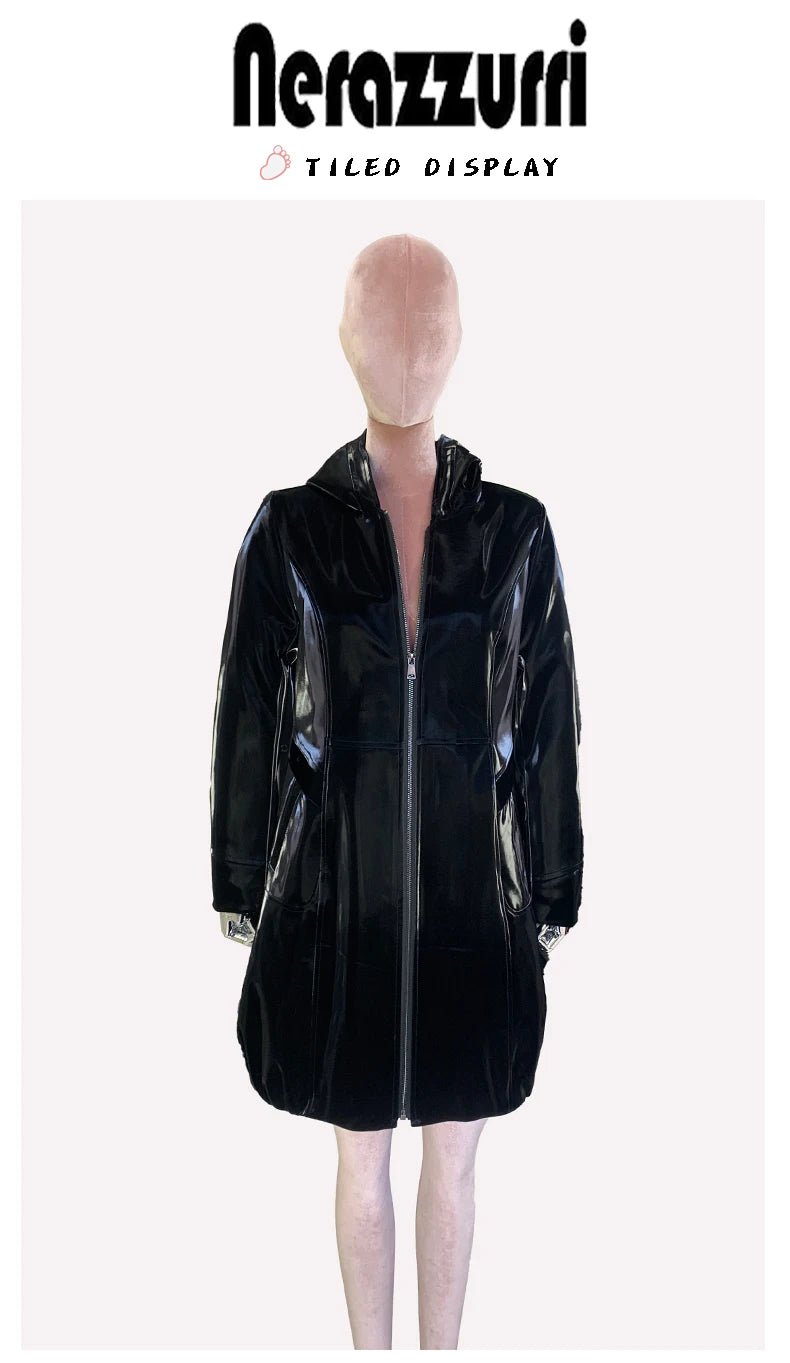 Nerazzurri Spring Fitted Waterproof Shiny Reflective Black Patent Faux Leather Jacket Women with Hood Zipper Red Autumn Clothes