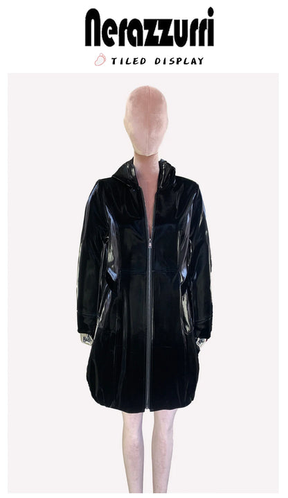 Nerazzurri Spring Fitted Waterproof Shiny Reflective Black Patent Faux Leather Jacket Women with Hood Zipper Red Autumn Clothes