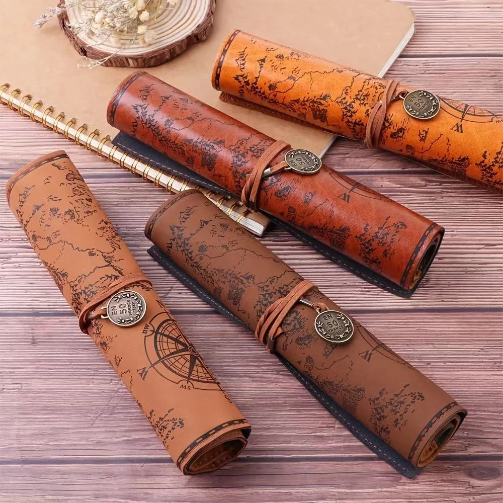 1PC Creative Treasure Map Retro Pencil Case Leather Large Capacity Roll Pencil Bag Embossed Buckle Simple Stationery Box Roll Po