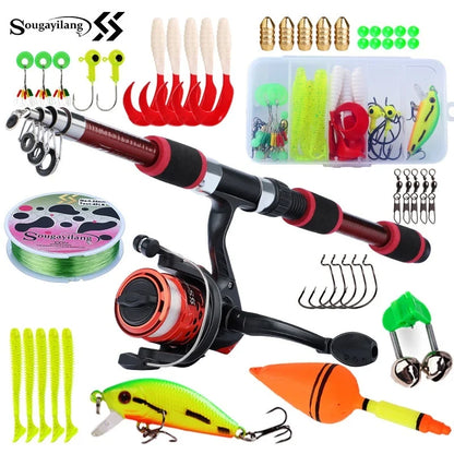 Sougayilang Kids Fishing Pole Set Full Kits with Telescopic Fishing Rod and Spinning Reel Baits Hooks Saltwater Travel Pole Set