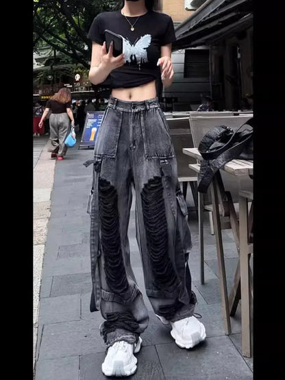 American Retro Washed Black Hole Denim Pants Women's Style 2026 Autumn New Street Design Wide Leg Pants High Waist Straight Leg