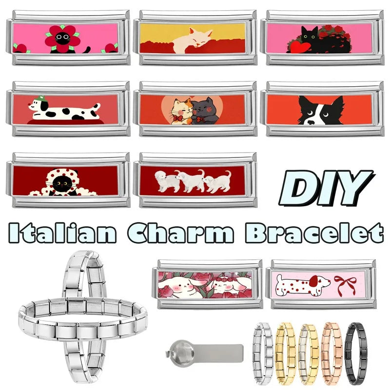 2025 New Women's Gift Cute Rabbit Cat Dogs Italian Charms Links Beads Fit 9mm Stainless Steel Modular Modular Bracelet Jewelry