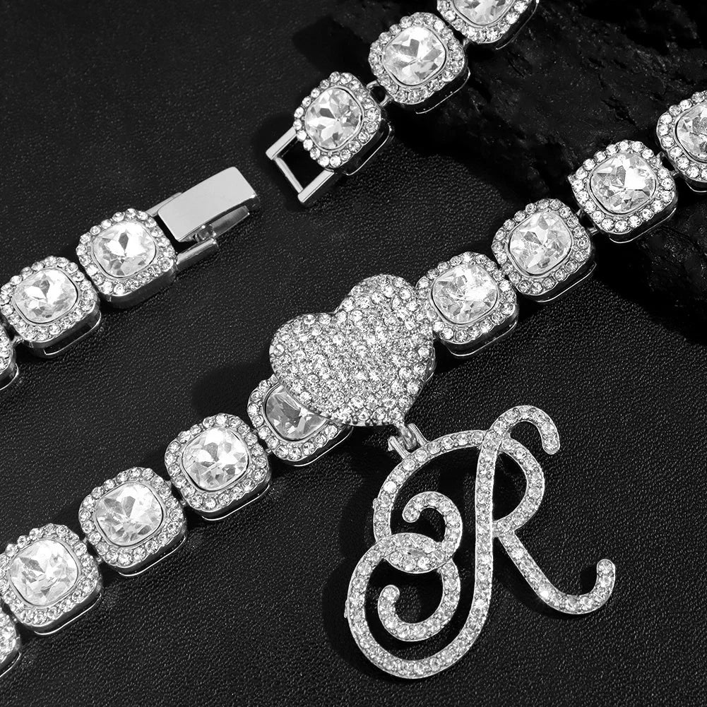 Hip Hop Bling Crystal Cursive Letter Initial Pendant Necklace Women Iced Out Cuban Choker Square Tennis Chain Necklace Jewelry