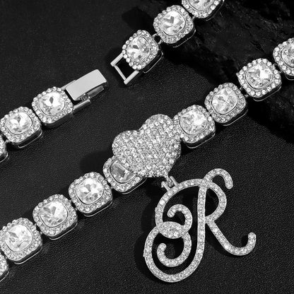 Hip Hop Bling Crystal Cursive Letter Initial Pendant Necklace Women Iced Out Cuban Choker Square Tennis Chain Necklace Jewelry
