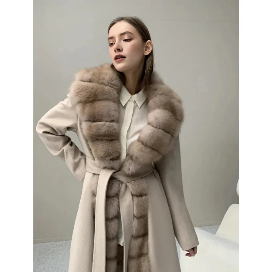 CNEGOVIK Natural Fox Fur Winter Cashmere Wool Coat Women Fur Coat Women Luxury Real Fur Warm Winter Jackets Cashmere Fur Jacket