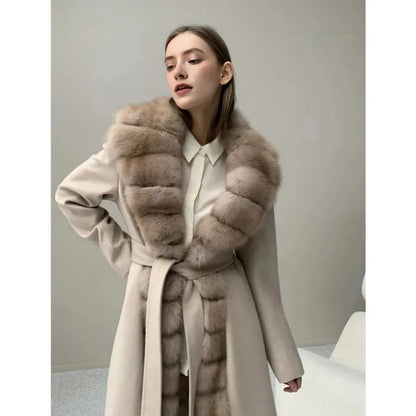CNEGOVIK Natural Fox Fur Winter Cashmere Wool Coat Women Fur Coat Women Luxury Real Fur Warm Winter Jackets Cashmere Fur Jacket