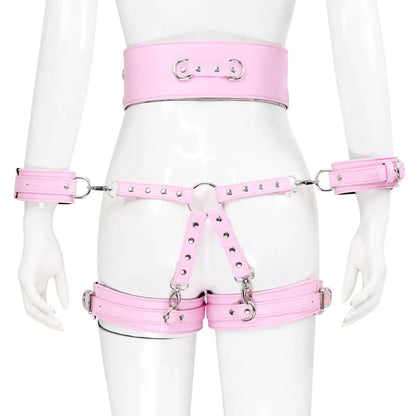 Professional BDSM Red Leather Harness Set Collar Handcuffs Restraint Kit for Women Slave Role Play Fetish Gear Adult Game Toy
