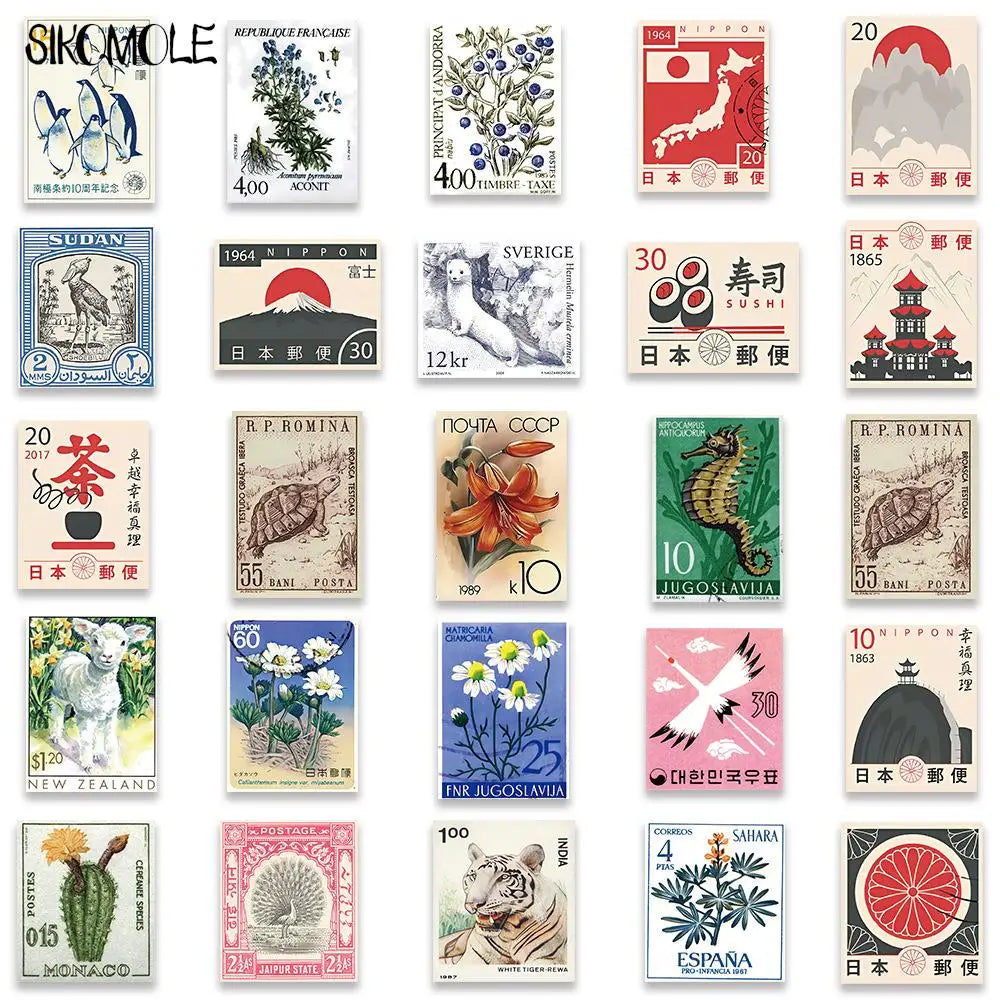 10/30/50PCS Cartoon Retro Art Stamps Stickers Japanese Style DIY Travel Luggage Guitar Fridge Laptop Graffiti Sticker Kid Decals
