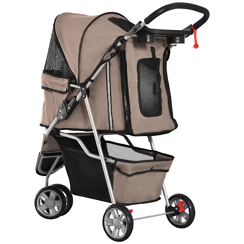 Coffee Foldable Dog and Cat Stroller Buggy, Suitable for Small Pets Weighing up to 10kg, Pet Travel Carrier Stroller with Comfort Cushion, Breathable Mesh Windows, Cup Holder and Extra Storage Bag for Daily Outdoor Use