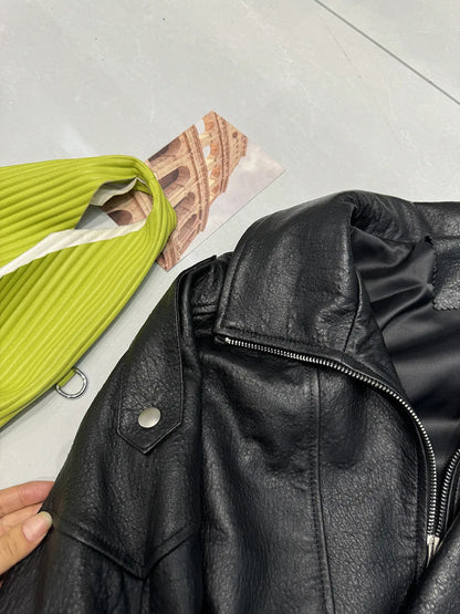 New Outerwear Leather Jacket Women American Retro Top Sheepskin Bubble Leather Double Lapel Loose Profile Coffee Locomotive Coat