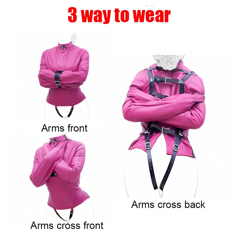 Leather SM Lingerie Straitjacket with Crotch Strap,Games Bondage Straight Jacket Harness,Slave Role Gimp Costumes BDSM Sextoys