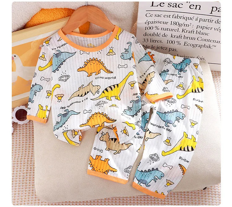 1Set Summer Pour Cotton Boy Girl Outfit Baby Infant T-shirt+Pant Set Kid Cartoon Clothe Set Children Solid Air Conditioning Suit