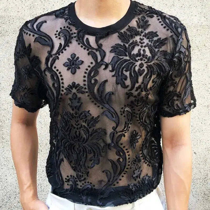 Sexy Round Neck T Shirt Soft Velvet Slim Men Clothing Nightclub Short-sleeved Top Quality Transparent Floral T Shirt See Through