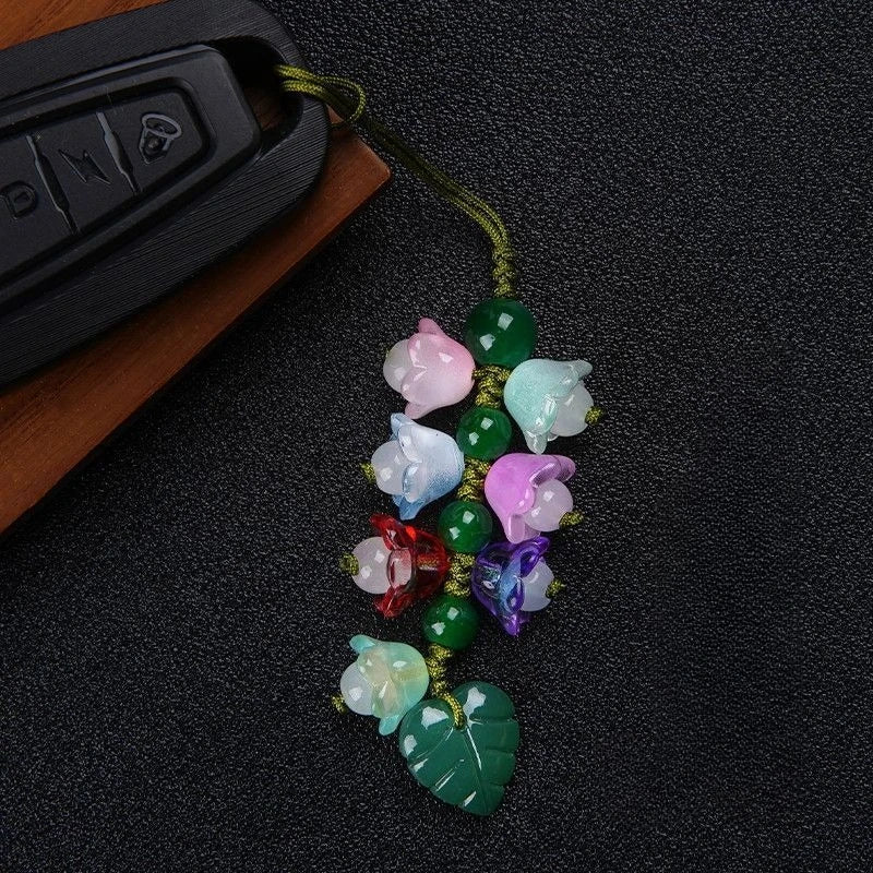 Elegant Floral Glass Keychain With Green Leaf Accents – Charming Nylon Rope Pendant For Women, Perfect For Keys Or Gifts, Floral