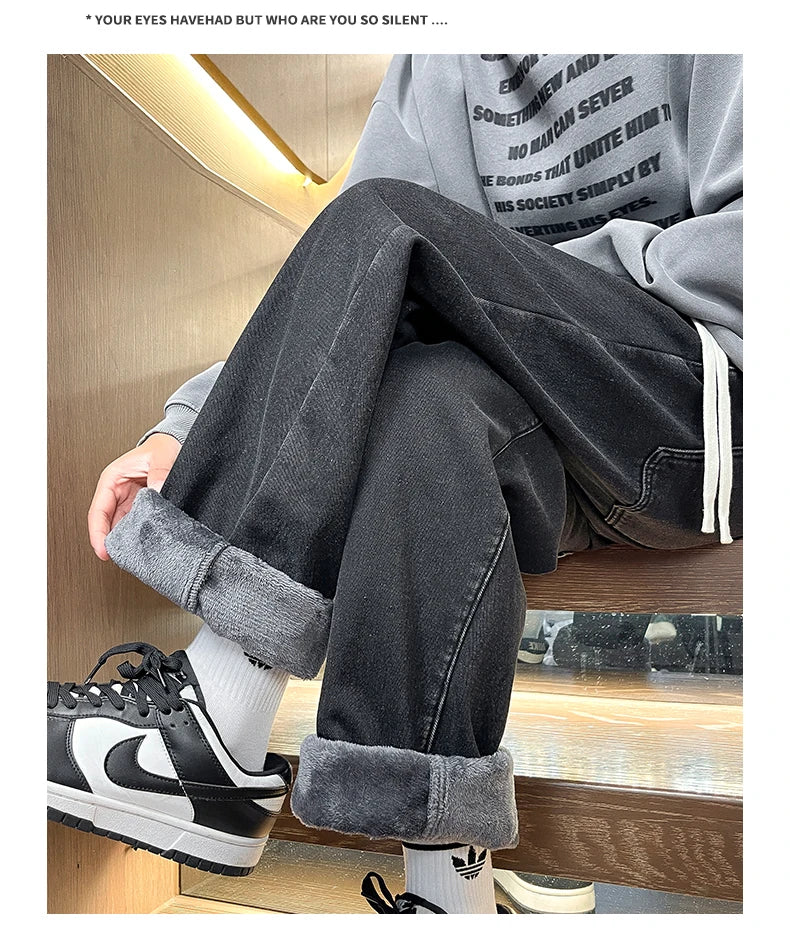 Men's Thicke Fleece Straight Jeans Winter Velvet Thermal Nostalgia Washing Denim Pants Streetwear Elastic Waist Loose Trousers