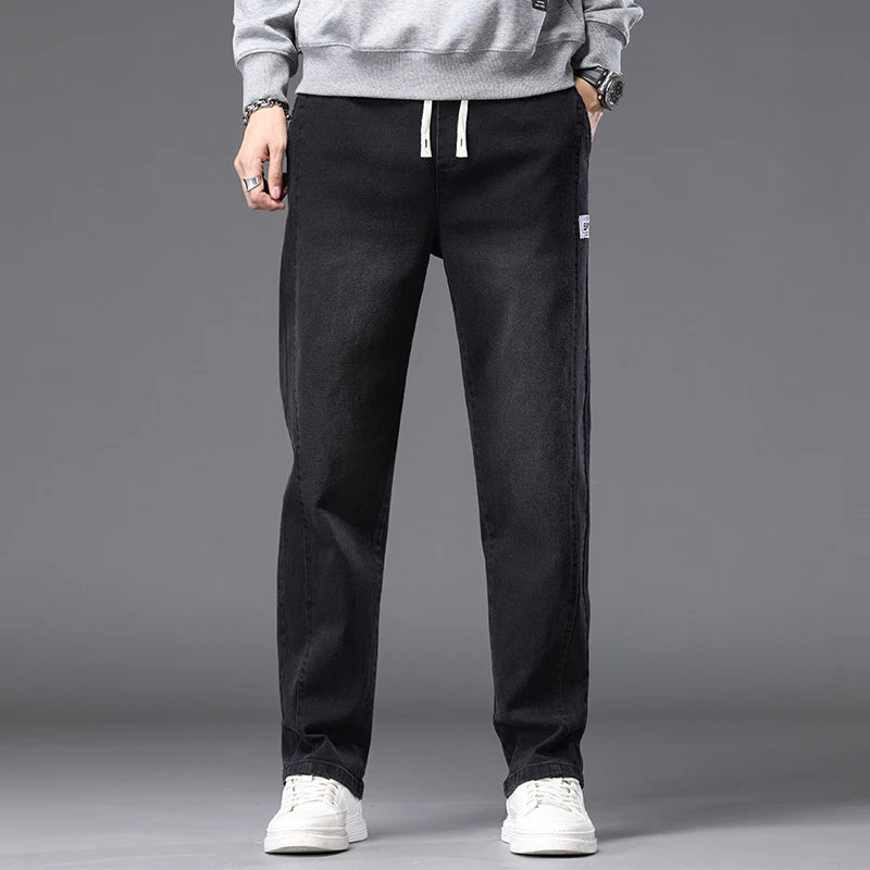 Autumn Winter Blue Jeans Men Drawstring Elastic Waist Cotton Cargo Denim Pants Work Fashion Thick Trousers Male Plus Size M-4XL