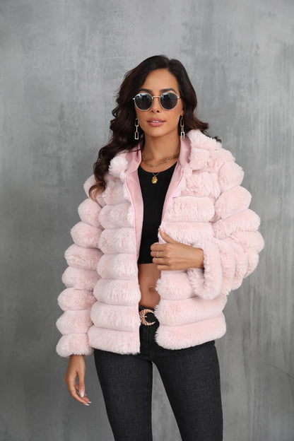 2026 Faux Fur Women Coats Hooded Full Sleeve Short Coat Zipper Thick Warm Solid Temperament Elegant Splice Autumn Winter