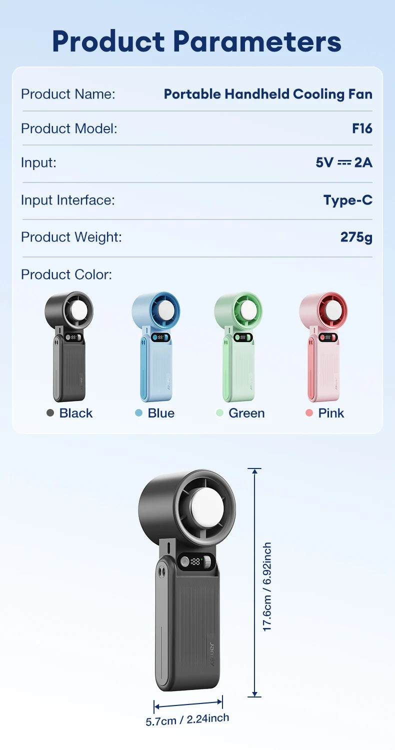 Portable Handheld Fan LED Digital Display With Refrigeration Board 90° Foldable  199Gear Strong Wind Speed 8000mAh F16