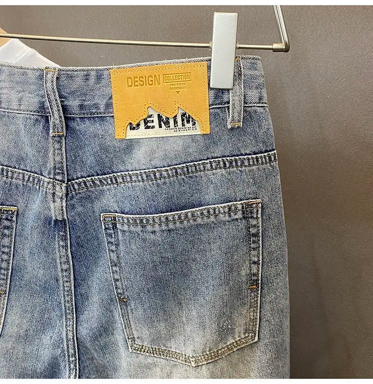 Summer Trendy Brand Handsome Denim Shorts Men's Washed Embroidered Patch Trendy Short Pants Ripped Slim-fit Elastic Middle Pants