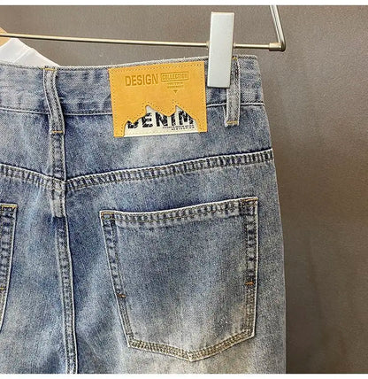 Summer Trendy Brand Handsome Denim Shorts Men's Washed Embroidered Patch Trendy Short Pants Ripped Slim-fit Elastic Middle Pants