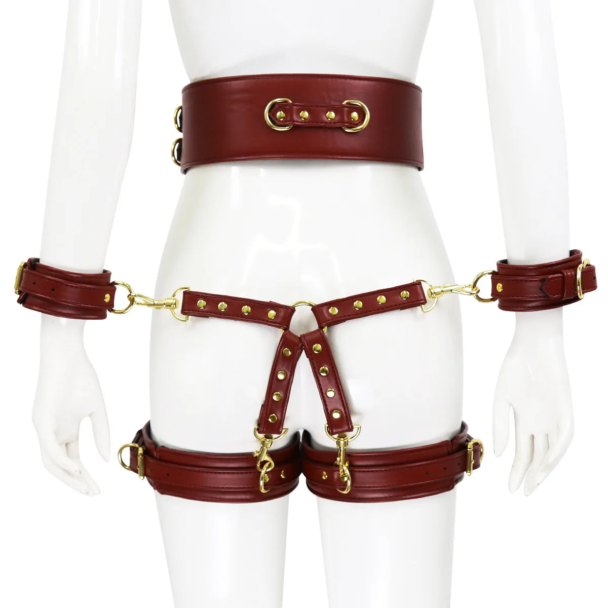 Professional BDSM Red Leather Harness Set Collar Handcuffs Restraint Kit for Women Slave Role Play Fetish Gear Adult Game Toy