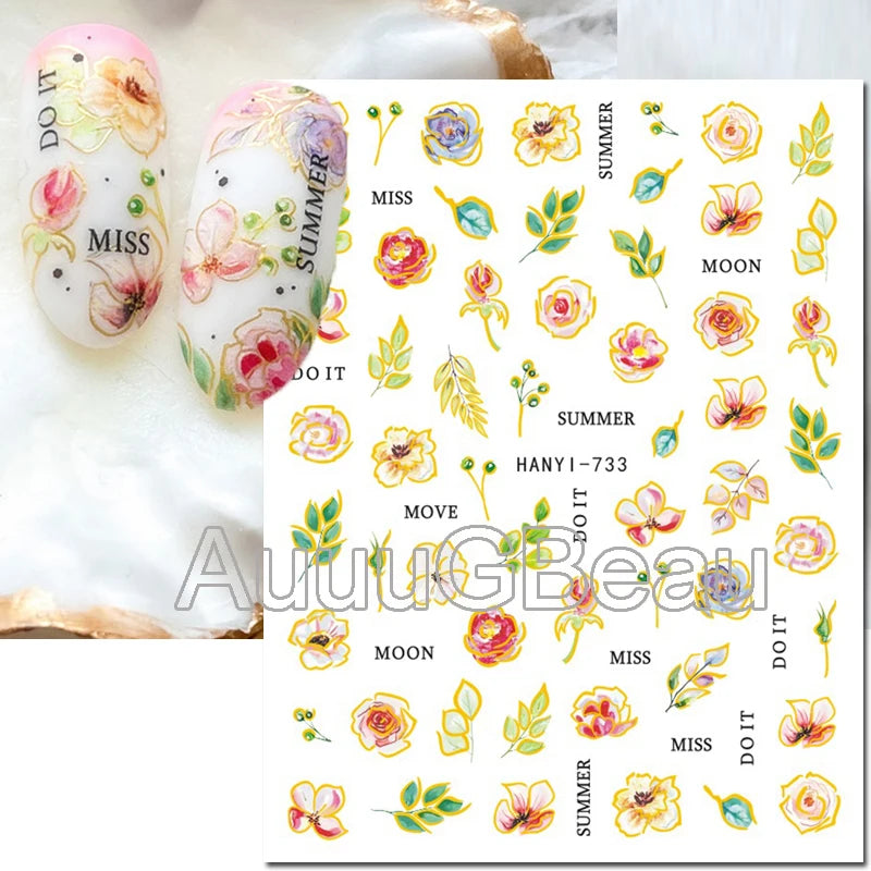 3d Nails Art Decals Spring Fruits Pink Full Tips Peony Magnolia Flowers Adhesive Sliders Stickers Decoration For Nails Manicure