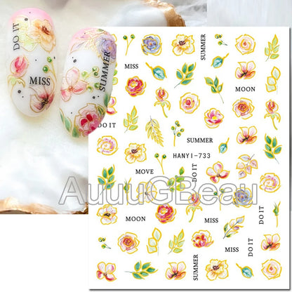 3d Nails Art Decals Spring Fruits Pink Full Tips Peony Magnolia Flowers Adhesive Sliders Stickers Decoration For Nails Manicure