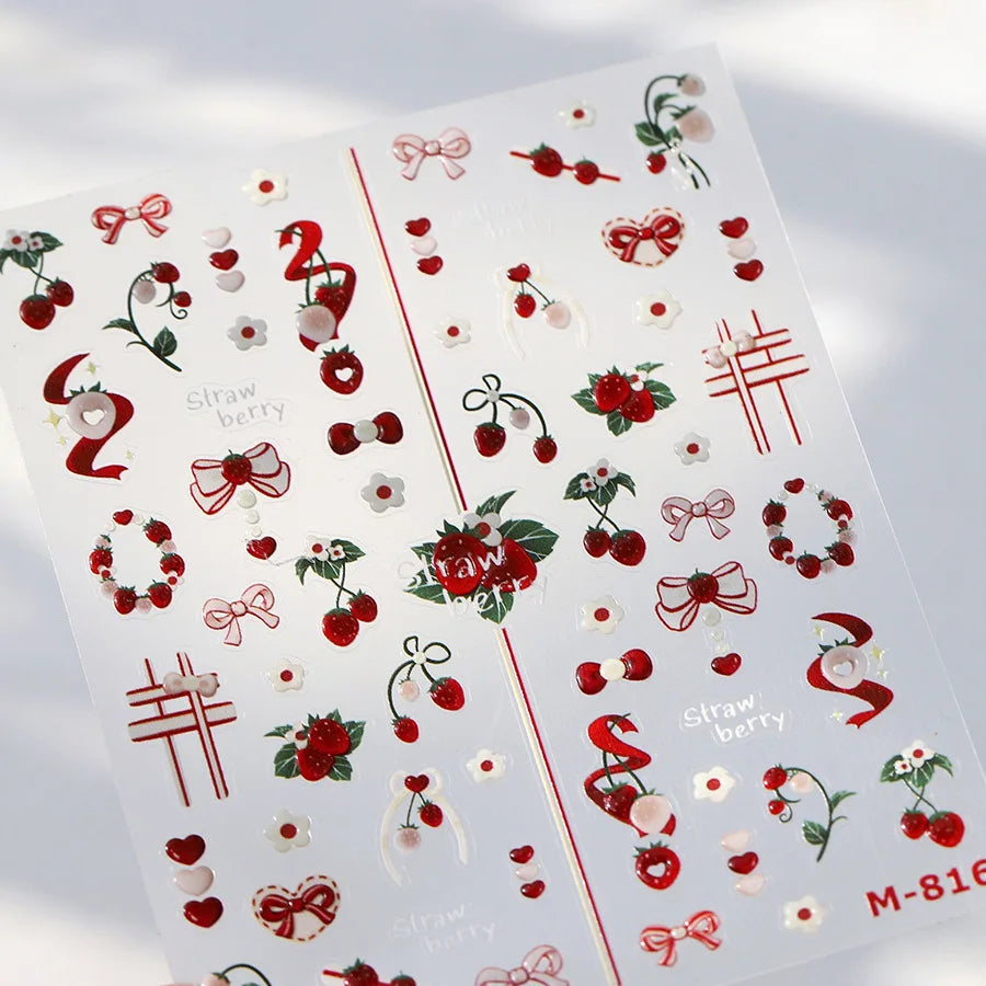 Lovely Red Fruit Strawberry Cherry Bowknot Love Heart Star Silk Ribbon 5D Nail Art Stickers Chic Self Adhesive Manicure Decal
