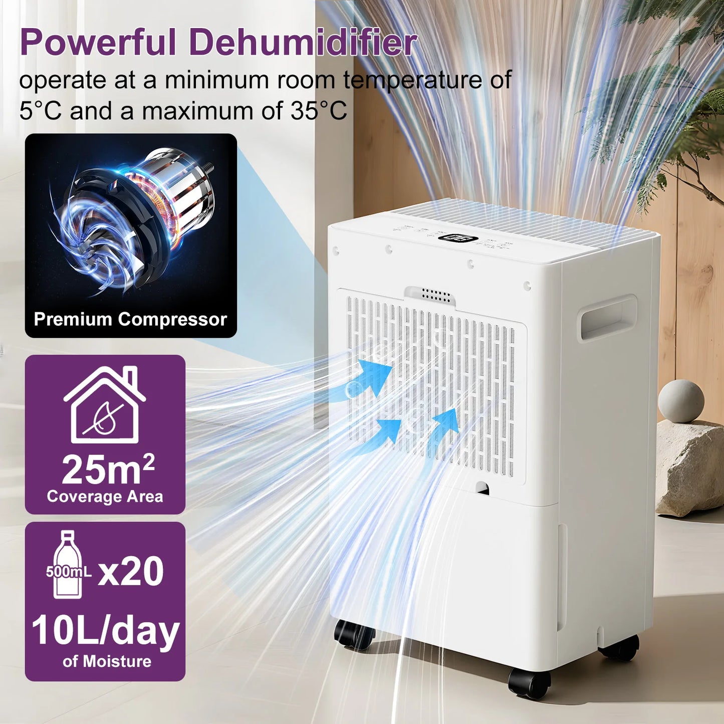 LOEFME 10L/Day Air Dehumidifier Moisture Absorber Home Air Dryer 1.5L Water Tank W/ 3M Hose For Home Basement Bathroom Wardrobe