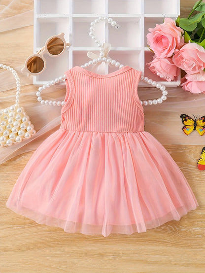 Soft Pink Knit Sleeveless Dress - 3D Flower Accent Tulle Skirt Girls Sweet Princess Outfit