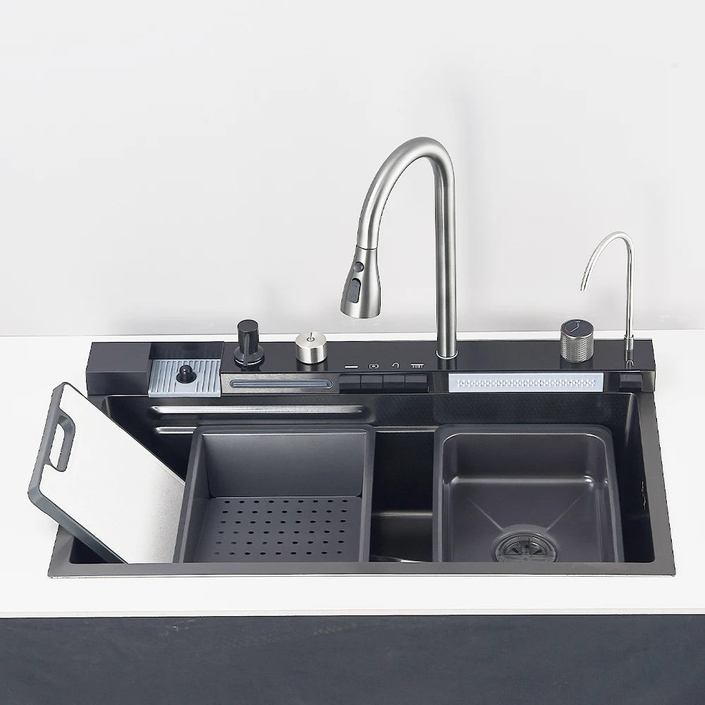 304 Stainless Steel Kitchen Waterfall Sink Digital Display Large Single Sink Dish Basin Sink With Multifunction Touch Waterfall