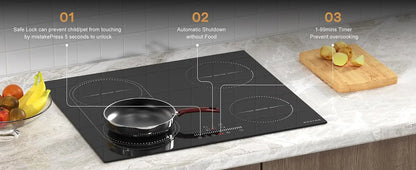NOXTON White/Black Induction Hob Plug in, (UK:2800W/EU:3500W) 4 Zones with 1 Grill Zone, 60CM Touch, Safety Lock,Ceramic Glass