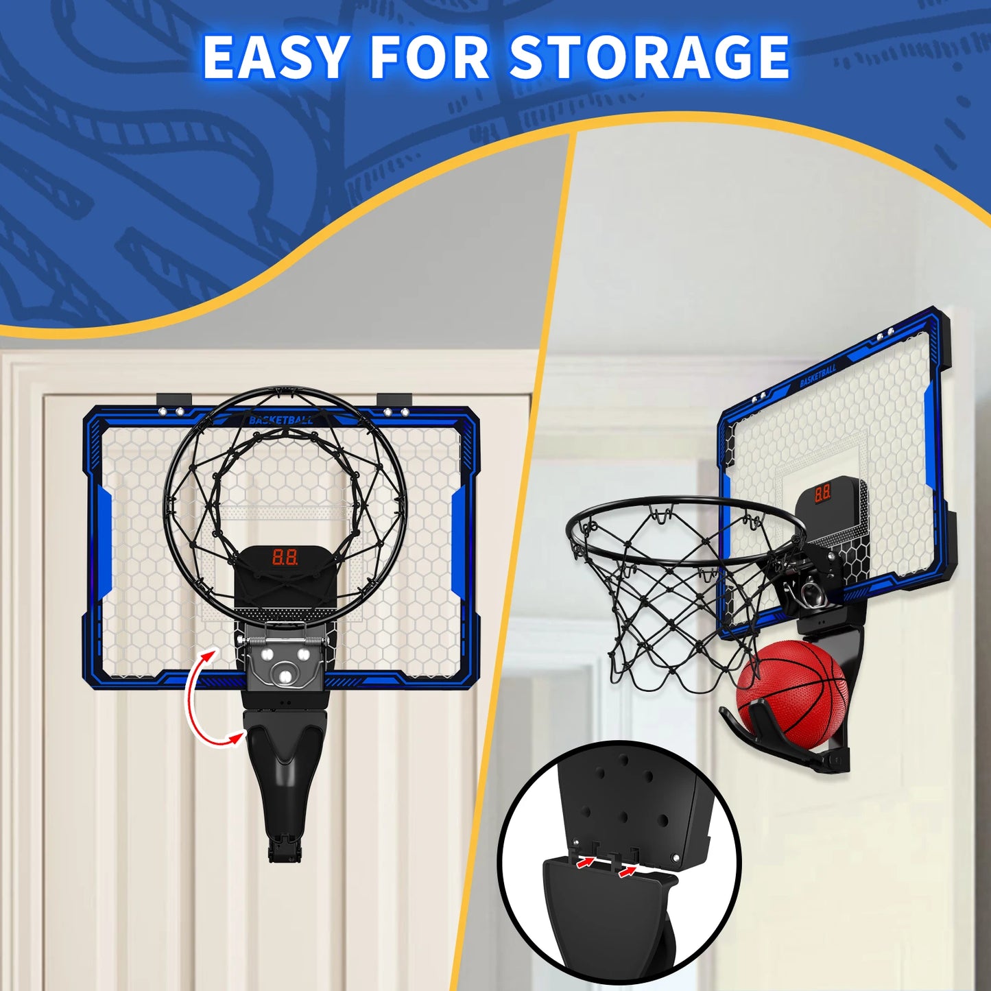 Basketball Hoop Indoor, Mini Basketball Hoop with 7 LED Lighting, Scoreboard, Over Door Basketball Hoop with 3 Modes, Volume Adjustable, Foldable, Basketball Toys for Kids,Birthday Halloween Christmas Gift