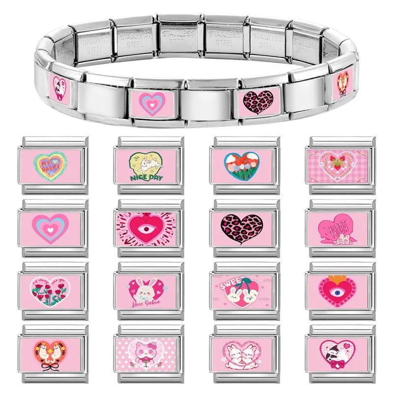 Beautiful Flower Y2K Black Star Dog Heart Pink Italian Charm Link Fit 9mm Stainless Steel Sweet Bracelet Jewelry Making DIY Gift
