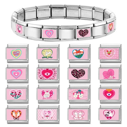 Beautiful Flower Y2K Black Star Dog Heart Pink Italian Charm Link Fit 9mm Stainless Steel Sweet Bracelet Jewelry Making DIY Gift